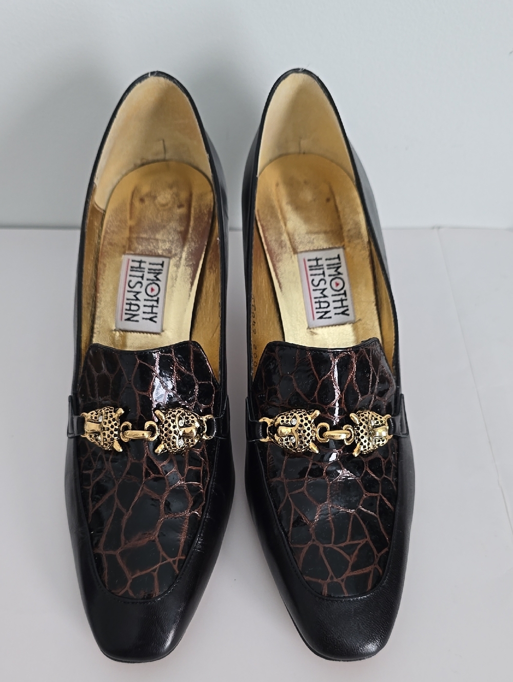 Timothy Hitsman Black Croc-Embossed Loafers with Gold Hardware